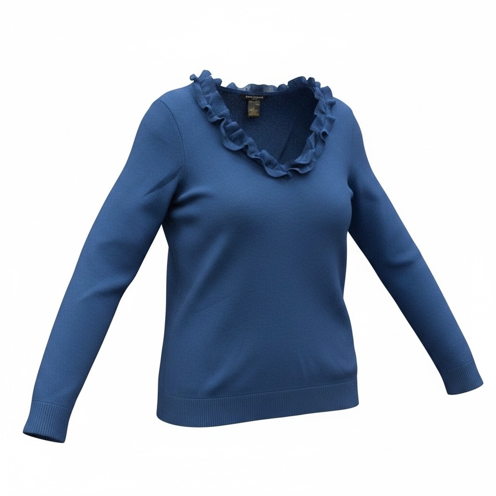 Ann Taylor Blue Ruffle V-Neck Sweater XL Long Sleeve Mesh Trim Pullover Knit